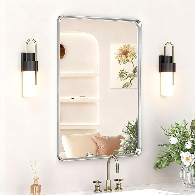 18"x30" Bathroom Mirror, Wall Mounted Vanity Metal Frame Mirror for Bedroom, Entryway, Living Room, Silver