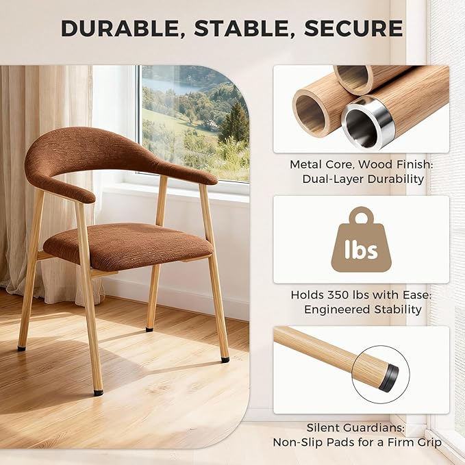 DUMOS Dining Chairs Set of 2, Modern Linen Fabric Upholstered Kitchen Side Chairs with Curved Backrest, Accent Farmhouse Metal Chairs for Kitchen Dining Room Restaurant Cafe, Orange