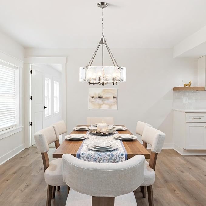 Modern Brushed Nickel Glass Chandelier for Dining Room,19.69 inch Textured Crystal Drum Farmhouse Chandelier Light Fixture for Dining Room Kitchen Island Living Room Bedroom Foyer