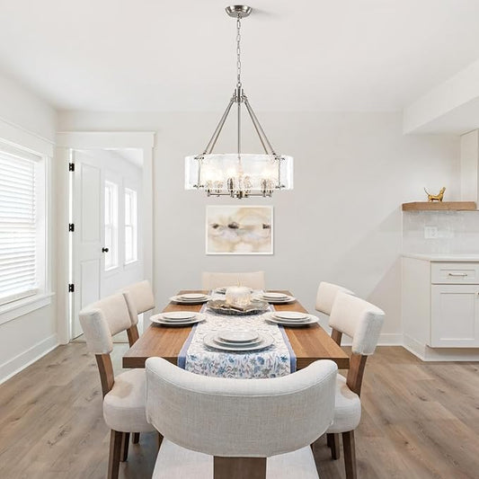 Modern Brushed Nickel Glass Chandelier for Dining Room,19.69 inch Textured Crystal Drum Farmhouse Chandelier Light Fixture for Dining Room Kitchen Island Living Room Bedroom Foyer
