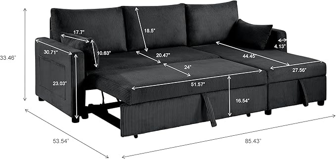 Sectional Sleeper Sofa with Pull Out Bed, L Shape Convertible Sofa Bed Couch with Storage Chaise, 3 in 1 Pull Out Sofa Bed with 3 Seats for Living Room,Apartment, Black, 85Inch