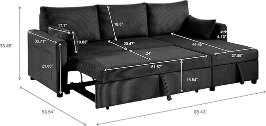 Sectional Sleeper Sofa with Pull Out Bed, L Shape Convertible Sofa Bed Couch with Storage Chaise, 3 in 1 Pull Out Sofa Bed with 3 Seats for Living Room,Apartment, Black, 85Inch