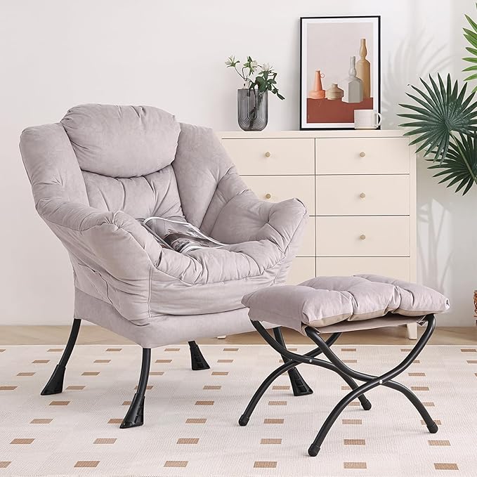 Lazy Chair with Ottoman, Modern Chair with Folding Footrest, Light Grey Accent Chair, Comfortable Reading Chair, Oversized Armchairs for Bedroom, Study, Living Room, Courtyard