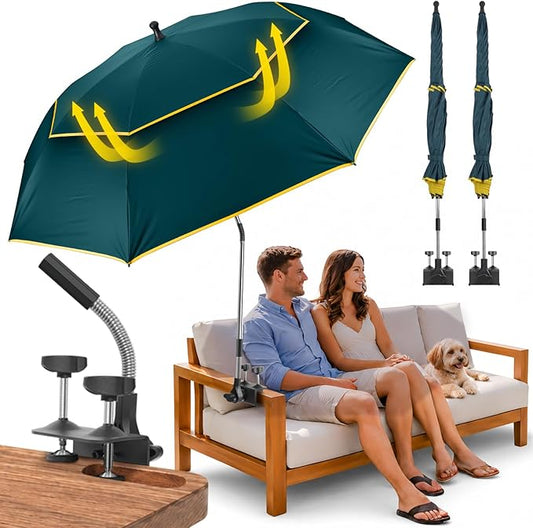 Chair Umbrella with Clamp,2PACK 53 inches Double Canopy Beach Chair Umbrella with Universal Clamp,50+ UV Protection,360° Swivel,Folding Clip on Sun Umbrellas for Table,Camping,Bench Chairs,Golf Cart