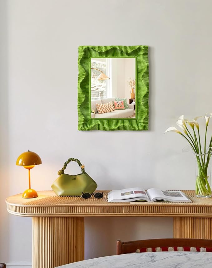 Nature-Inspried Mirror Wall Decor for Bedroom Hallway Guest Room, 7.5x5.7 Decorative Makeup Mirror with Flocking Finish for Desk Gallery Wall, Warm Gift for New Homeowners (Lawn Green)