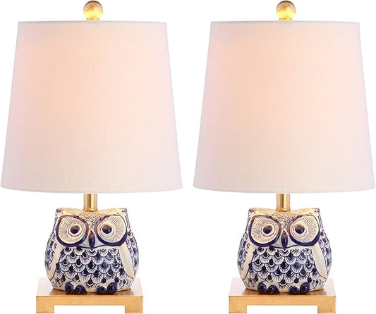 JONATHAN Y 16" Blue/White Ceramic Owl Mini Table Lamp for Bedroom or Office, Modern Farmhouse Nightstand Lamp with White Linen Shade, LED Bulb Included (JYL3014A-SET2)