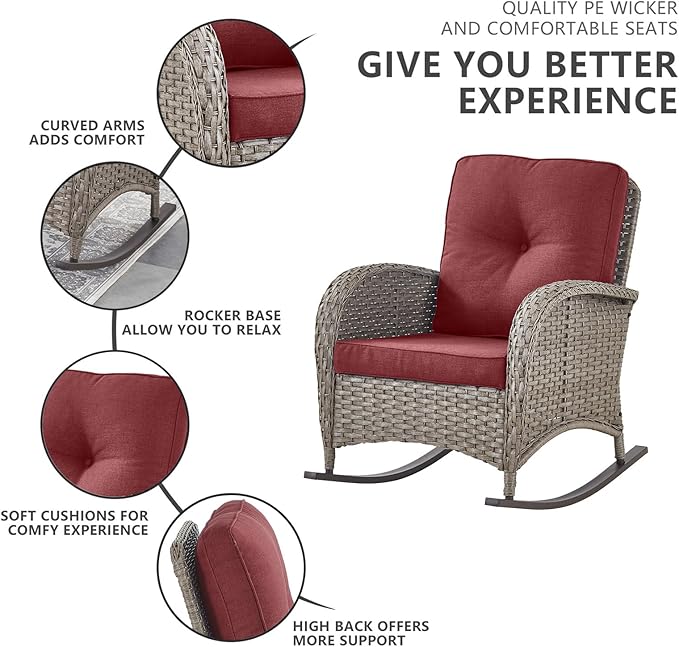 Belord 5 Piece Outdoor Conversation Patio Furniture Set - All-Weather Wicker Patio Rocking Chairs with Loveseat Glider Chair and Coffee Table for Patio Deck Porch Backyard Gray Wicker Red Cushion
