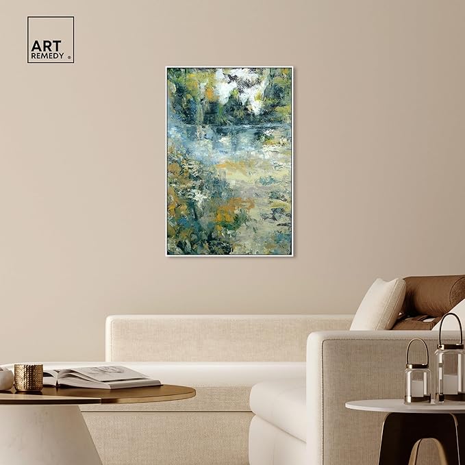 Art Remedy Green Moss Monet Garden Green Abstract Canvas Wall Art, White Floater Frame, 30"x45"
