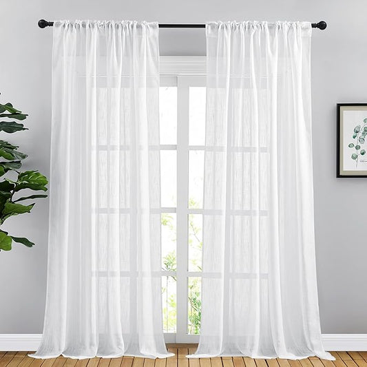 NICETOWN White Faux Linen Sliding Door Curtains 90 inches Long, Rod Pocket & Back Tab Semi Sheer Window Treatments Privacy with Light Filter for Farmhouse/French Door, W66 x L90, 2 Panels