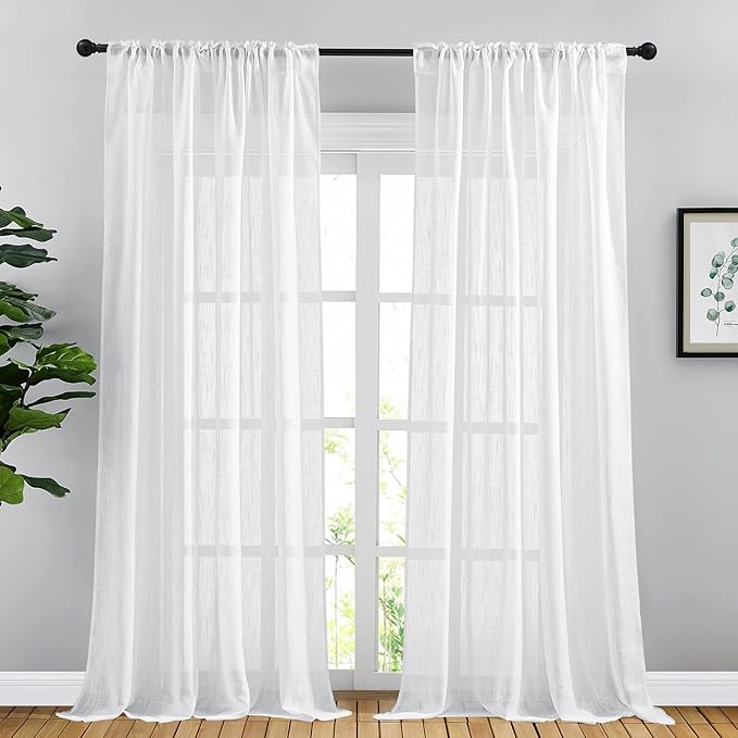 NICETOWN White Semi Sheer Linen Curtains for Living Room, Rod Pocket & Back Tab Faux Linen Privacy Window Treatments with Light Filtering for Bedroom/French Door, W66 x L108, 2 Panels