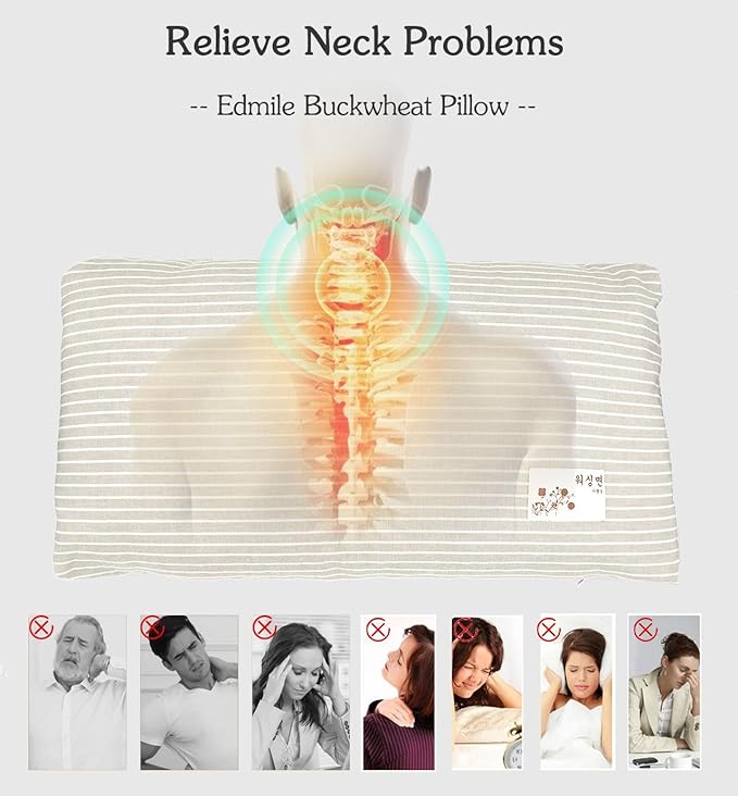 Buckwheat Cervical Neck Pillow, Buckwheat Hulls Pillows for Sleeping Neck Pain Relief Adjustable Filling Firm Neck Support for Side Sleepers, Khaki 19"X11"
