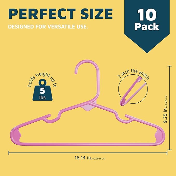 Lifemaster Plastic Kids Clothes Hangers – Children Clothes Hanger with Shoulder Notch, 11.6 Inch Space-Saving Closet Organizer for Baby, Toddler, and Kids Clothing, Hold Up to 5 lbs, Pack of 10, Pink