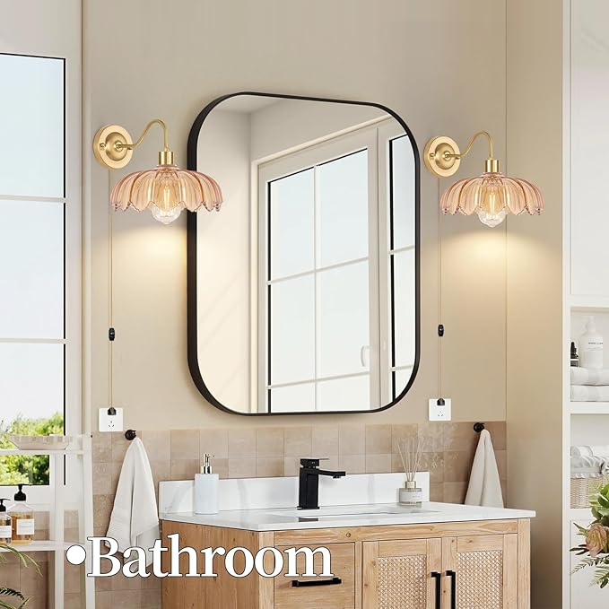 Vintage Plug in Wall Sconces Set of Two, Dimmable Wall Sconces Lamps with Flower Glass Lampshade & 3.6FT Plug in Cord, Gold Sconces Wall Decor Set of 2 Plug in Wall Lights Sconces for Bedroom