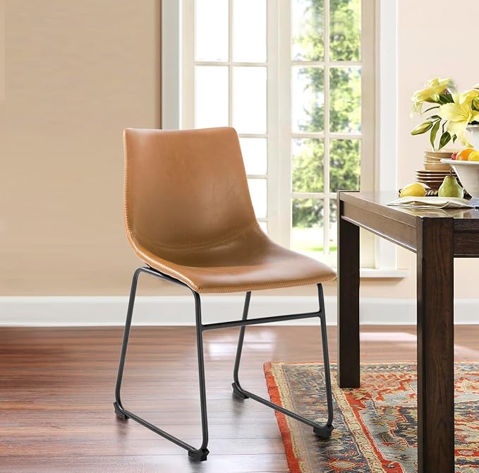 POLY & BARK Brinley Dining Chair Set of 2 - Modern Armless Dining Chairs with Gently Curved Backrest and Wood Legs - Tan - Comfortable Faux Leather Seating for Kitchen or Dining Room