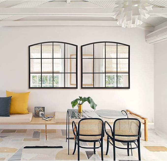 36 Inch Arched Window Mirror, Matte Black Metal Frame Decorative Mirror, Grid Wall Mirrors for Living Room, Bedroom, Entryway