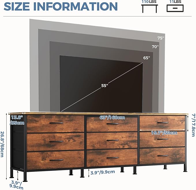 DUMOS TV Stands for Living Room Furniture with 9 Fabric Drawers, Long Entertainment Center Up to 75 Inch TV, Media Console Table with Storage for Bedroom, Adjustable Feet, Rust.