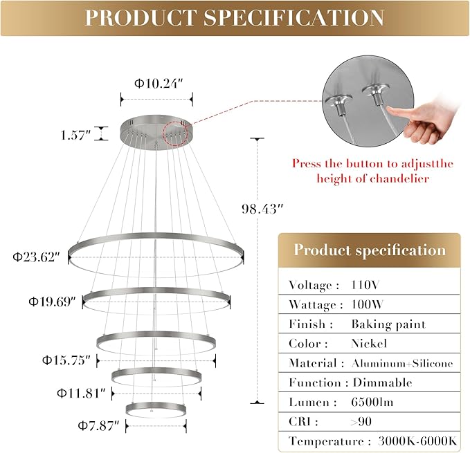5 Rings Brushed Nickel Ring Chandeliers Moedrn LED Chandeliers Dimmable Foyer Chandelier for High Ceiling Dimmable Contemporary Nickel Chandelier for Living Room Staircase Entryway, 3000K-6500K