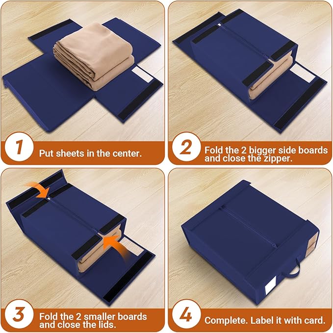 6 Pack Bed Sheet Closet Organizers and Storage,Sturdy Foldable Storage Containers with Window and Label,Storage and Organization for Bedding Sheets,Duvet Covers,Blankets (Blue)