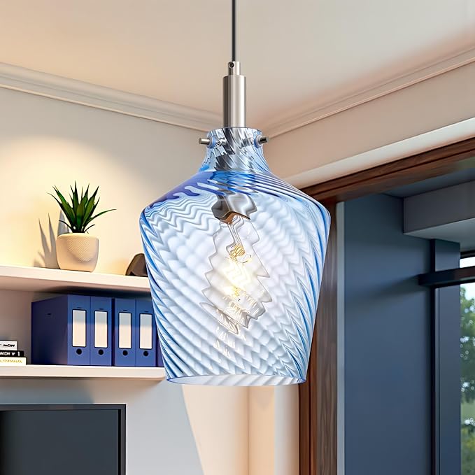 Modern Stripes Blue Glass Pendant Lighting for Kitchen Island 1 Pack, Farmhouse Nickel Pendant Light Fixtures, Height Adjustable Ceiling Pendant Light, 8 Inch