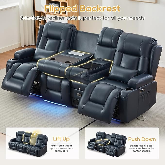 IPKIG Power Recliner Sofa with Flip-Up Backrest Console, USB & USB-C Ports, AC Outlet, LED Lights, Wall Hugger Recliners for Living Room, RV (Dark Blue, 89" - 4 Seat) | Breathable Leather, Zero Gravity, Dual Reclining, 2 Lumabr Pillow, Bluetooth Speakers