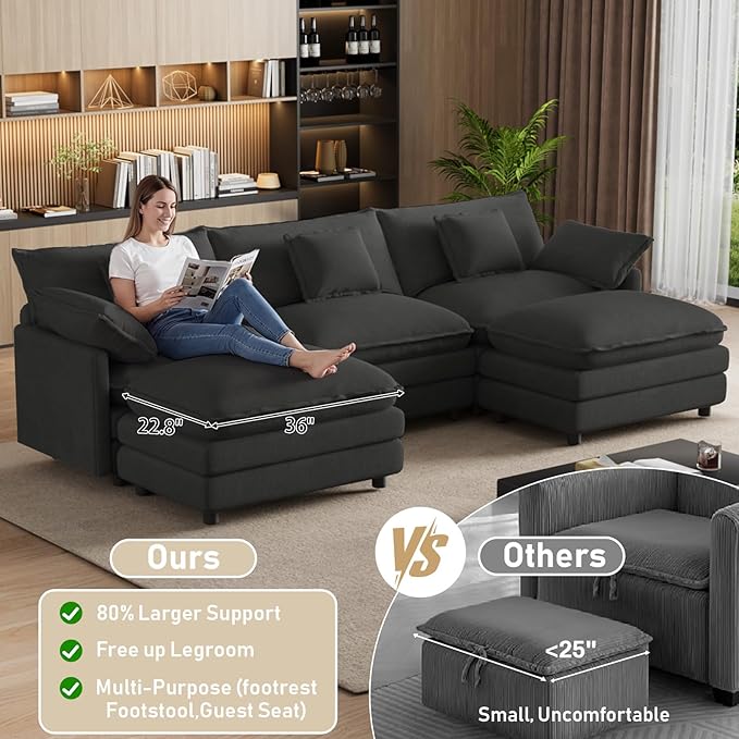 114" U Shaped Cloud Couch Sectionals Oversized Sectional Couches for Living Room Modular Couch, Large Velvet Cloud Sofa with Movable Ottoman, Grey