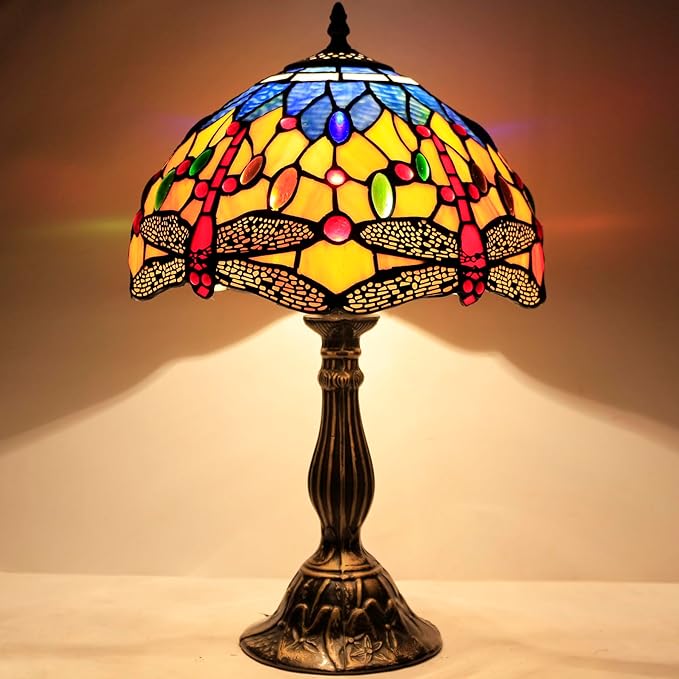WERFACTORY Tiffany Lamp Stained Glass Bedside Table Lamp Orange Blue Dragonfly Style Reading Desk Light 12X12X18 Inches Decor Bedroom Living Room Home Office S168 Series