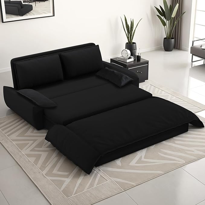 Yafylly Queen 3 in 1 Convertible Sleeper Couch, Full Size Velvet Loveseat Pull Out Sofa Bed, Futon Lounge Chair with Pillows for Living Room, Bedroom, Apartment, Office,Black