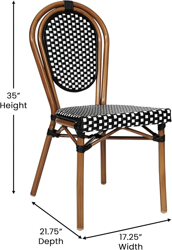 Flash Furniture Lourdes Indoor/Outdoor Commercial Thonet Bistro Stack Chair - Black/White PE Rattan Back and Seat - Natural Bamboo Print Metal Frame - 4 PK