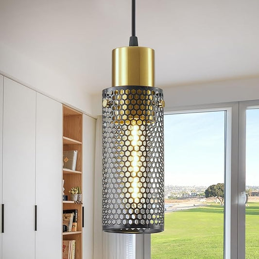 Modern Pendant Light Fixtures, Gold Cylinder Pendant Lapms with Iron Mesh, Adjustable Metal Ceiling Hanging Light Fixture for Kitchen Island Dining Room Entryway Bar 1-Light