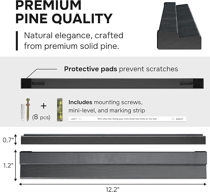 VOL-KI 4-Pack Vinyl Record Shelf Wall Mount – Solid NZ Pine Wood Floating Vinyl Display Shelf & Record Holder, Includes Now Playing Display, Marking Strip & Mini Level, record wall display (Black)