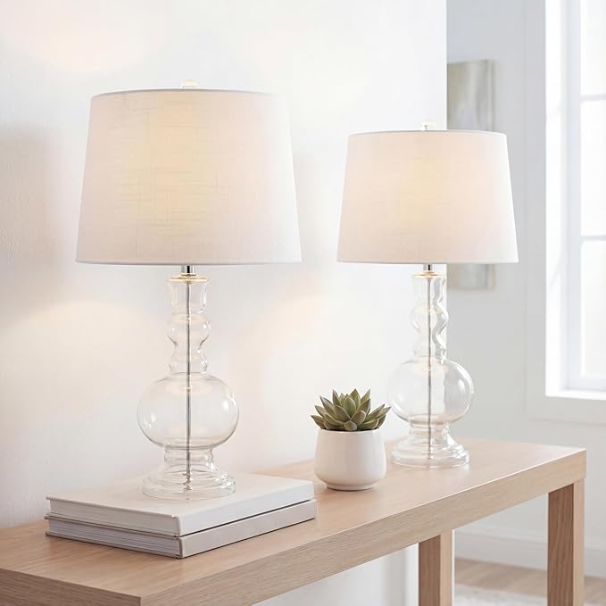 JONATHAN Y 28.5" Clear Glass Table Lamp Set of 2 for Living Room Bedroom Decor, Modern Bedside Lamps with White Linen Shade, LED Bulbs Included (JYL1061B-SET2)