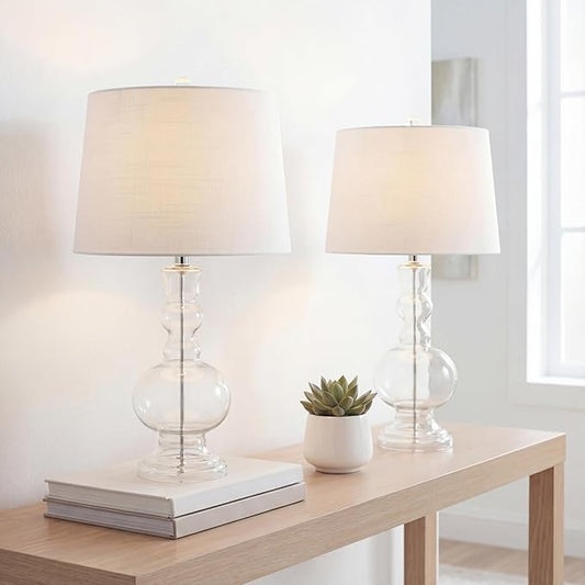 JONATHAN Y 28.5" Clear Glass Table Lamp Set of 2 for Living Room Bedroom Decor, Modern Bedside Lamps with White Linen Shade, LED Bulbs Included (JYL1061B-SET2)