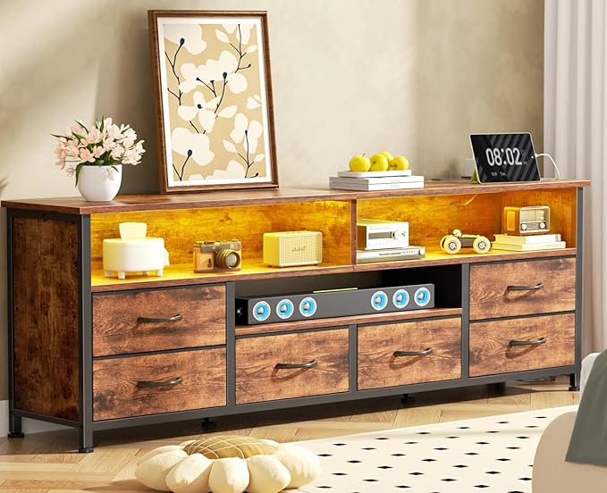 Furologee TV Stand for Bedroom, 63 Inch Entertainment Center for 65 70 Inch TVs, 6 Drawers Dresser with Power Outlets and LED Lights, Media Console for Living Room, Rustic Brown