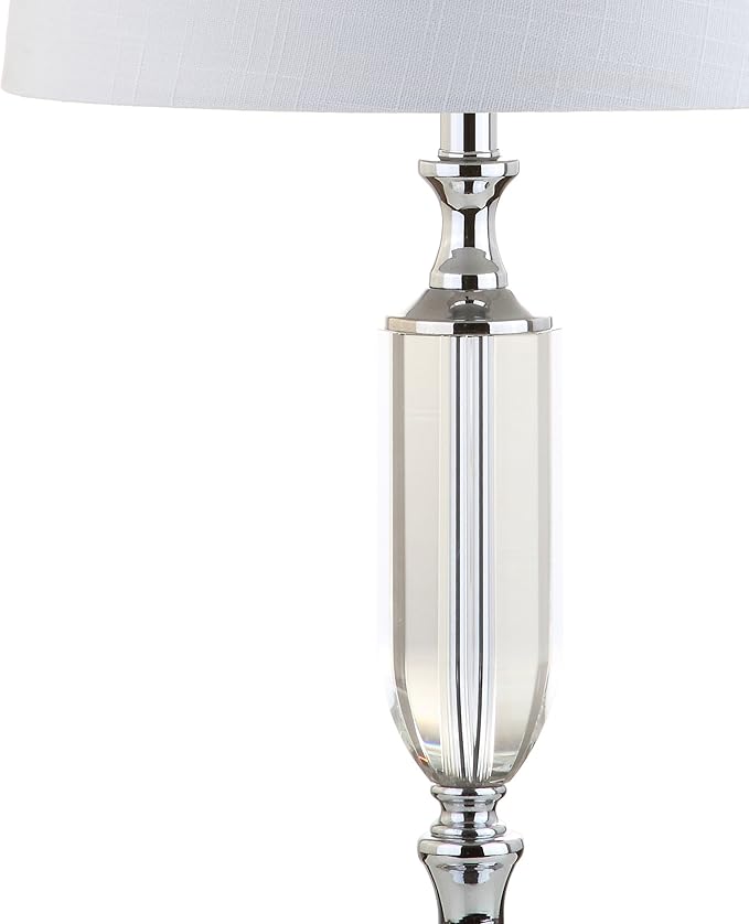 JONATHAN Y 27" Clear Fluted Crystal LED Table Lamp, Glam Traditional Chrome Bedside Lamp for Living Room Bedroom, White Linen Empire Shade, LED Bulb Included JYL2046A