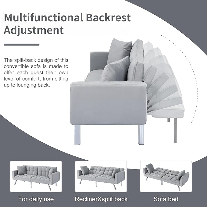 Futon Sofa Bed, 74 Inch Convertible Sofa Couch with Adjustable Backrest and Pillows, Sleeper Couch Bed with Velvet Upholstery, Square Tufted Design for Living Room Home Office, Light Gray