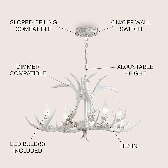 JONATHAN Y 26" White Rustic Resin Antler 4-Light LED Chandelier, Farmhouse Faux Deer Horn Hanging Ceiling Light for Dining Room, Kitchen Island, Adjustable Light Fixture (JYL6301B)