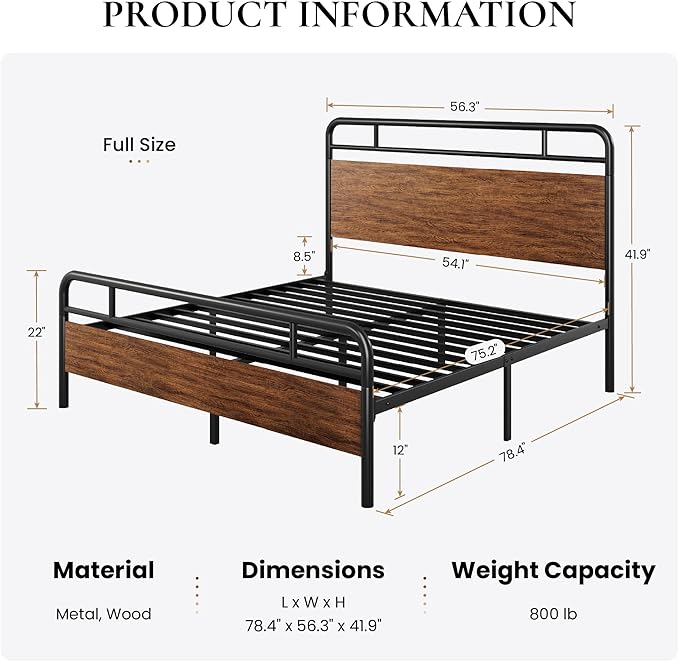 SHA CERLIN Full Size Bed Frame with Wooden Headboard and Footboard, Rounded Corner Metal Structure, Heavy Duty Slats with Under-Bed Storage, No Box Spring Needed, Walnut