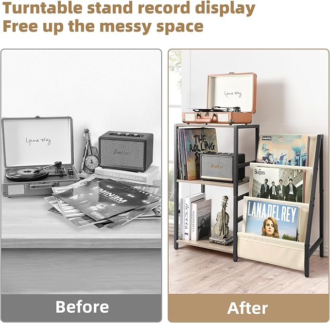 Bikoney Record Player Stand, Turntable Stand with 3-Tier Vinyl Record Storage, Record Player Table Up to 200 Albums, End Table for Records, Vinyl Record Holder Cabinet for Living Room White