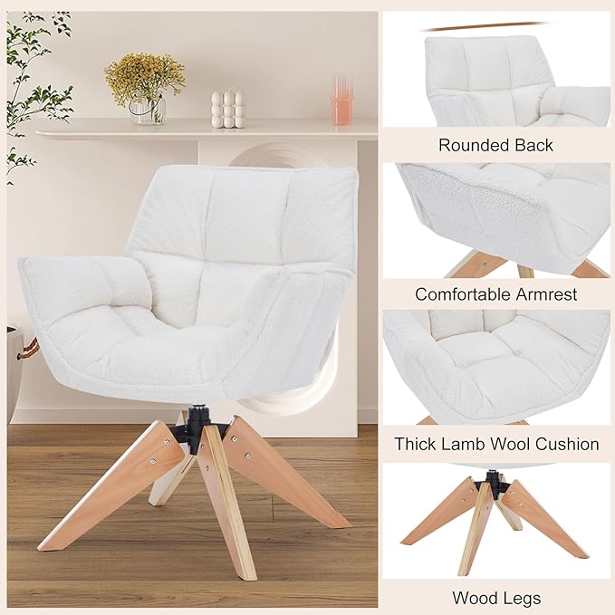 Mid Century Accent Chair, Lambs Wool Vanity Chair Modern Cozy Desk Chair no Wheels with Amrest, Wood Legs for Living Room, Reading Room, Bedroom, White Lambwool
