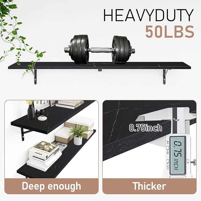 Kaboon 55 inch Long 10 inch Deep Floating Shelves for Wall Set of 2, Large Open Shelves Wall Mounted, Space Saving Home and Commercial Use, Cloud Atlas/Black Marble