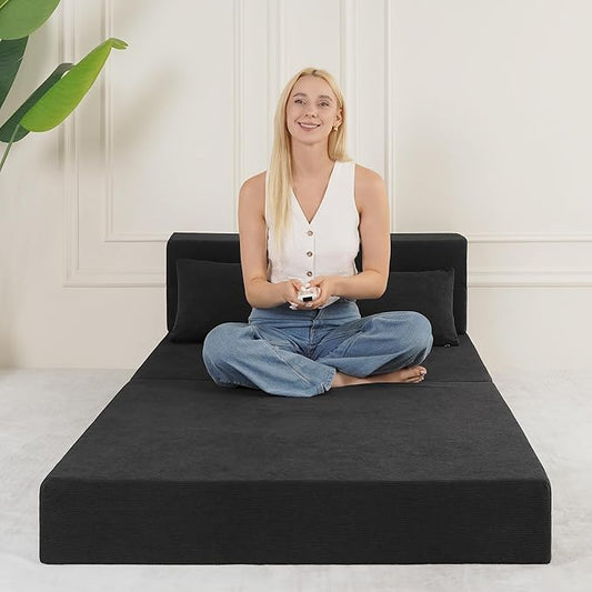 Fvkind Folding Sofa Bed, 4 in 1 Convertible Sleeper Sofa Bed Chair with Pillow, Twin Memory Foam Loveseat Futon Sleeper Chair, Foldable Futon Couch for Living Room, Bedroom, Guest Room, Dark Grey