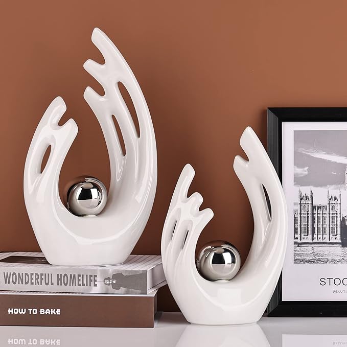 12"H White Silver Aesthetic Room Decor Accent, TV Stand Funky Table Centerpiece, Abstract Art Ceramic Statue and Sculpture, Silver Decor for Living Room, Bookshelf Decorative Objects, Shelf Decor