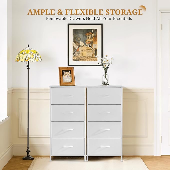 Nightstand with 4 Fabric Drawers, 37.4" H Tall Narrow Bedside Table with Wooden Top Steel Frame for Bedroom, Dorm, Closet, Living Room, White