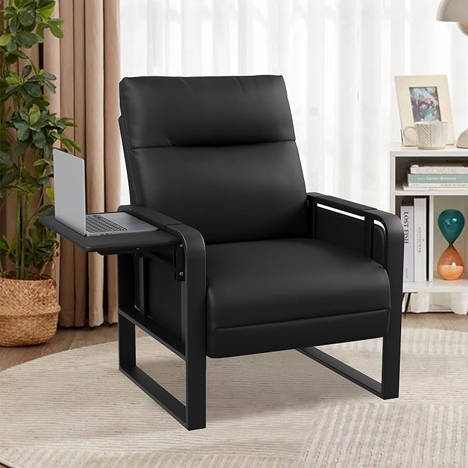 Modern Black Accent Chair PU Leather Upholstered Armchair with Foldable Side Table for Bedroom Living Room Chairs Office Chair