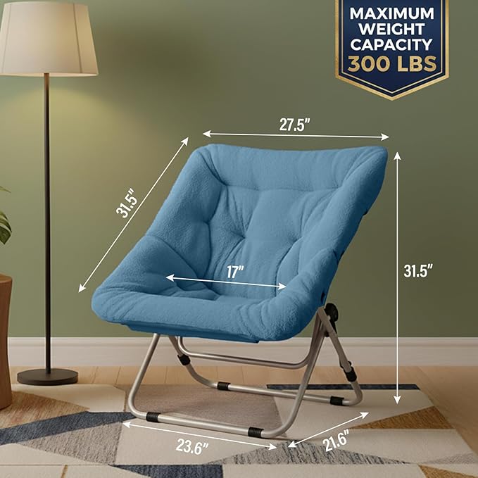 Tiita Comfy Saucer Chair, Soft Faux Fur Oversized Folding Accent Chair, Lazy Chair for Teens Adults, Metal Frame Moon Chair for Bedroom, Living Room, Dorm Rooms, X-Large, Blue