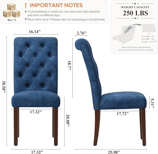 Upholstered Tufted Dining Room Chairs Set of 6, Parsons Kitchen Chairs with Padded Seat and Solid Wood Legs, Fabric Accent Side Diner Chair for Dining Room/Kitchen/Living Room, Blue