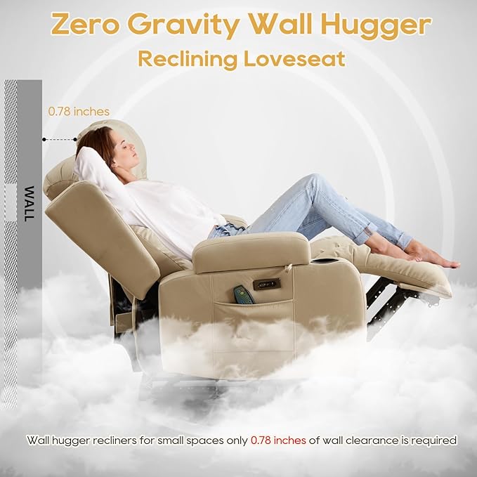IPKIG Power Recliner Sofa with Flip-Up Backrest Console, USB & USB-C Ports, AC Outlet, LED Lights, Wall Hugger Recliners for Living Room, RV (Beige, 89" - 4 Seat) | Leathaire Fabric, Zero Gravity, Dual Reclining, 2 Lumabr Pillow, Bluetooth Speakers
