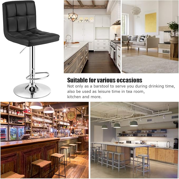 COSTWAY Adjustable Bar Stools Set of 2, Modern Swivel PU Leather Bar Chair with Backrest, Soft Cushioned Seat, Footrest, Sturdy Metal Frame, Comfortable Barstools for Kitchen Island, Pub, Black