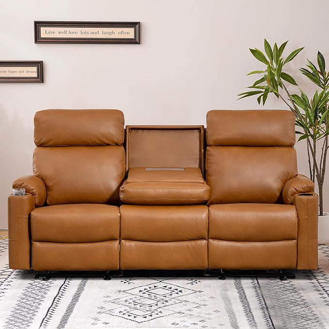Power Reclining Sofa, Electric 3-Seat Dual Recliner Sofa with USB Ports, Cup Holders, Wall Hugger Sofa & Couch for Living Room Home Theater Apartment RV (Brown) | Drop-Down Table, Side Pocket, Extended Footrest, Breathable Material