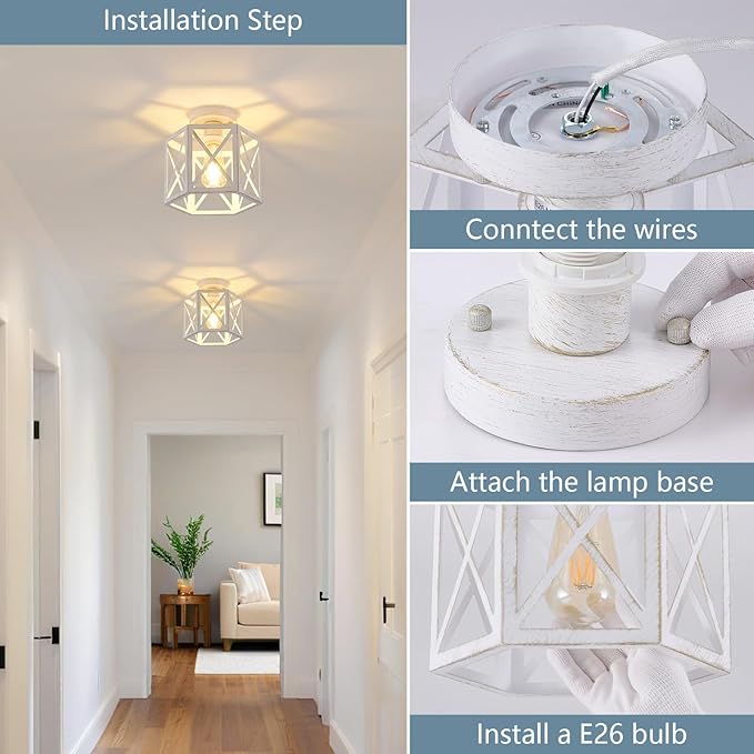 2 Pack White Semi Flush Mount Ceiling Light, Modern Hallway Light Fixture, Vintage Metal Hexagonal Ceiling Lamp for Kitchen Entryway Porch